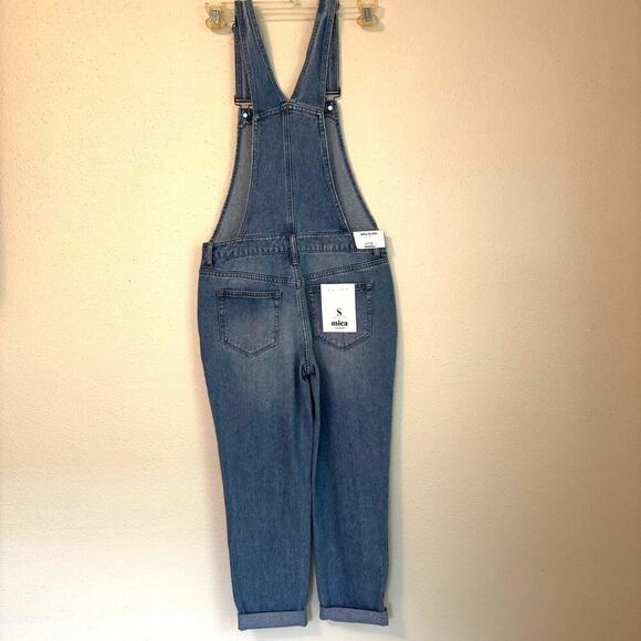 Mica Denim Boyfriend Overalls Medium Wash Distressed Skinny Leg Size Small - Picture 2 of 14